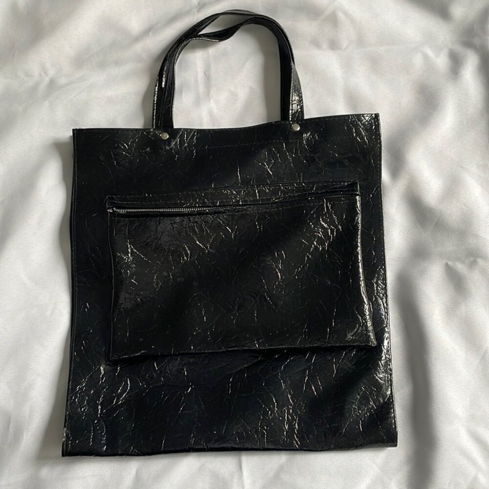 Black Faux Patent Leather Tote Bag, Black Shopper Tote or Lunch Bag